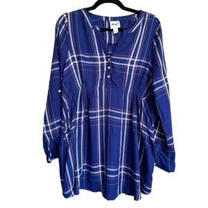 Luxe Essentials Denim Size M, Maternity, Plaid Top, Navy/Maroon, Soft Rayon, EUC